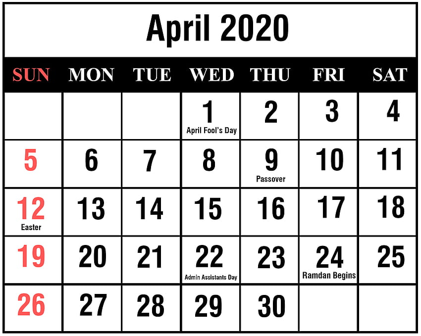 April 2020 Calendar Printable Blank Template PDF Word Excel HD wallpaper