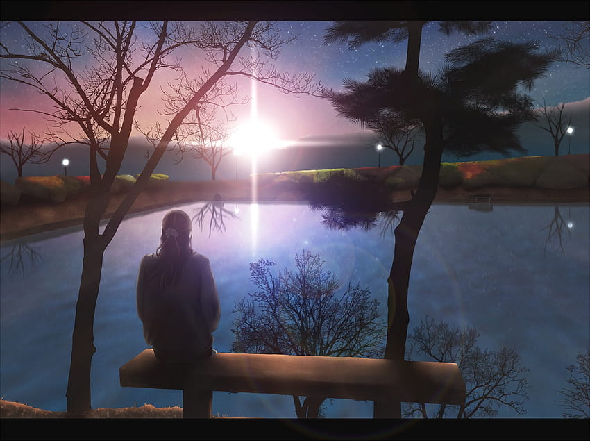 : sinar matahari, matahari terbenam, gadis anime, danau, refleksi, langit, duduk, cabang, matahari terbit, malam, pagi, karakter asli, sendirian, suasana, senja, cahaya, awan, pohon, Fajar, screenshot, fenomena atmosfer 1500x1120 Wallpaper HD