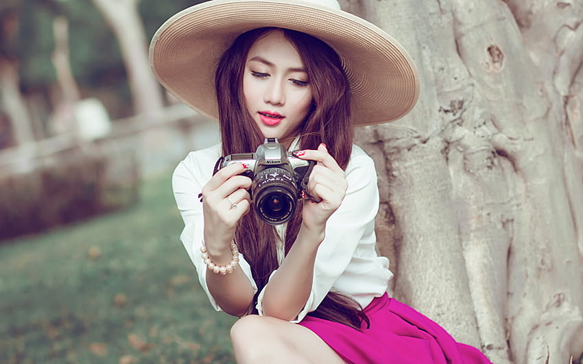 Brown haired Camera grapher Hat Girls Asian sit Hands HD wallpaper