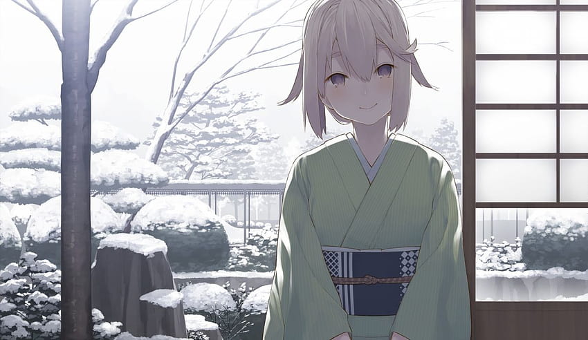 Anime girl kimono snow traditional building short hair, anime short hair HD wallpaper