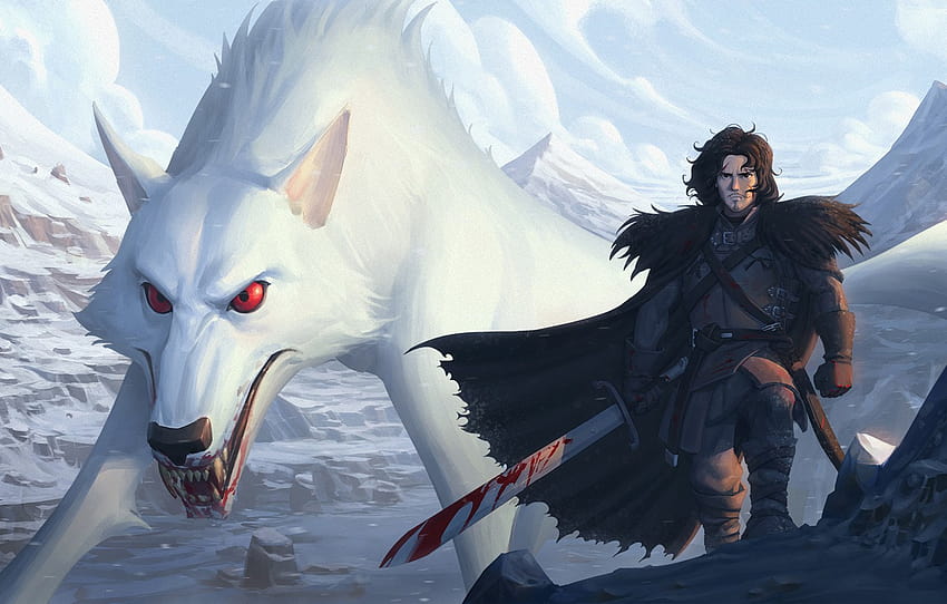 blood, sword, Ghost, art, wolf, Game of Thrones, a song of ice and fire, jon snow , section фильмы, jon snow and ghost HD wallpaper