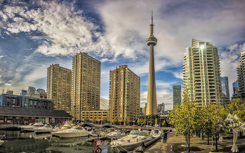 CN Tower, Toronto, Harbourfront, drapacze chmur, pejzaż miejski wiosna Tapeta HD