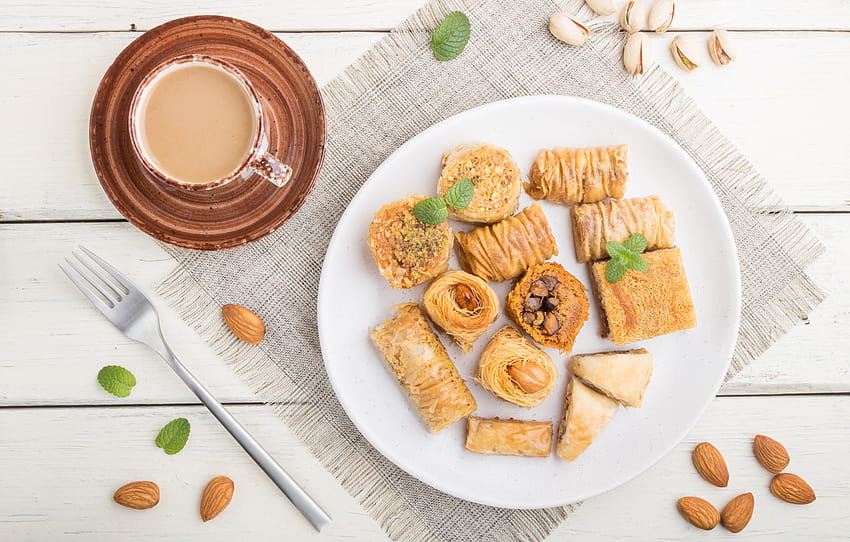 coffee, plate, Cup, sweets, nuts, baklava , section еда HD wallpaper