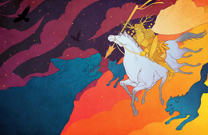 mythology, Clouds, Horse, Huginn, Muninn, Sleipnir, Fenris, Geri, Freki, Gungnir, Horse Riding, Colorful, Wolf, Myth, Odin / and Mobile Backgrounds HD wallpaper