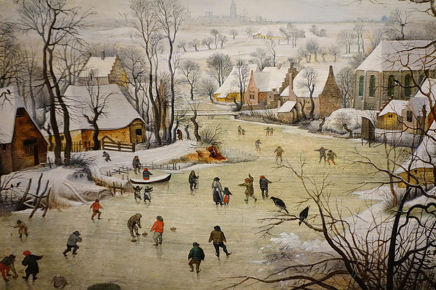 File: Paesaggio invernale con trappola per uccelli, dettaglio, di Pieter Brueghel il Giovane, fine 1500 inizio 1600, olio su tavola, arte inizio inverno Sfondo HD