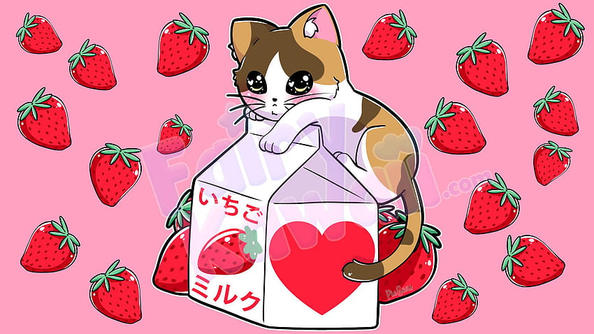 Kitten Strawberry Milk, kawaii susu strawberry Wallpaper HD