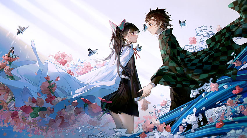 Demon Slayer Kanao Tsuyuri Tanjirou Kamado Standing Around Flowers And Butterflies 아니메, tanjiro x kanao HD 월페이퍼