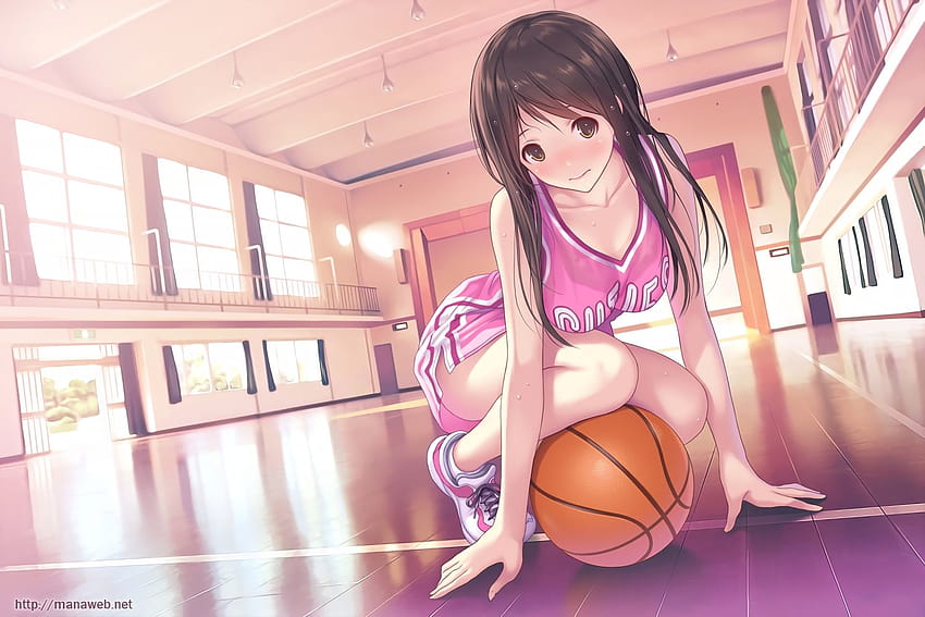 ball basketball blue eyes brown hair mana kakkowarai original, sports anime HD wallpaper