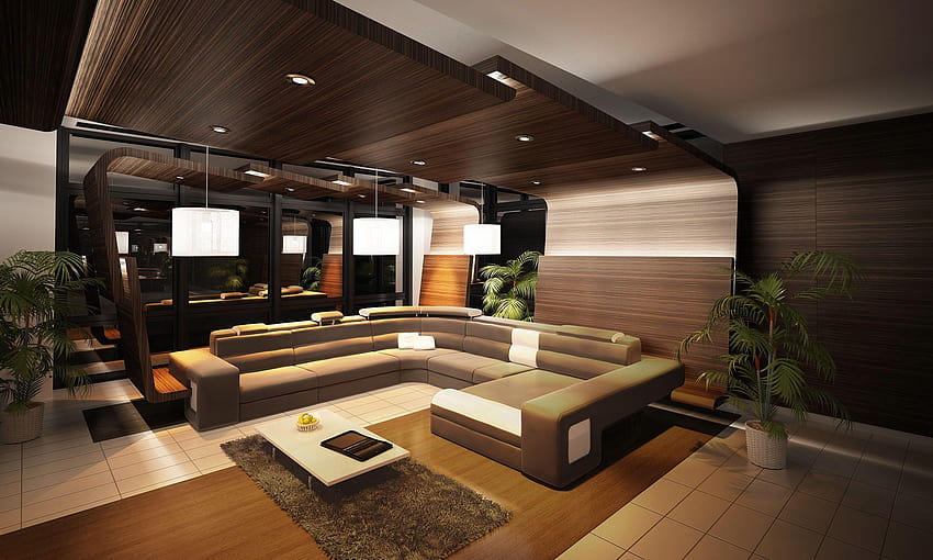 Interni, design elegante, in legno, soppalco, lounge, divano, soffitta Sfondo HD
