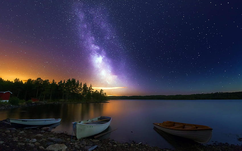 별이 있는 평화로운 호수 보트 목조 주택 숲 하늘 밤, 평화로운 밤 HD 월페이퍼