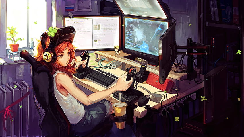 Anime Technology Anime Girls PC Gaming Redhead Indoors Monitor, tech anime HD wallpaper