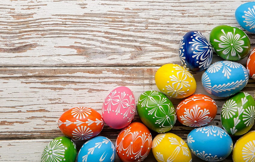 colorful, Easter, happy, wood, spring, Easter, eggs, holiday, the painted eggs , section праздники HD wallpaper
