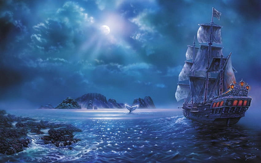 fantazja łódź, grafika, morze, ocean, anime, statek, sztuka, oceaniczne anime Tapeta HD