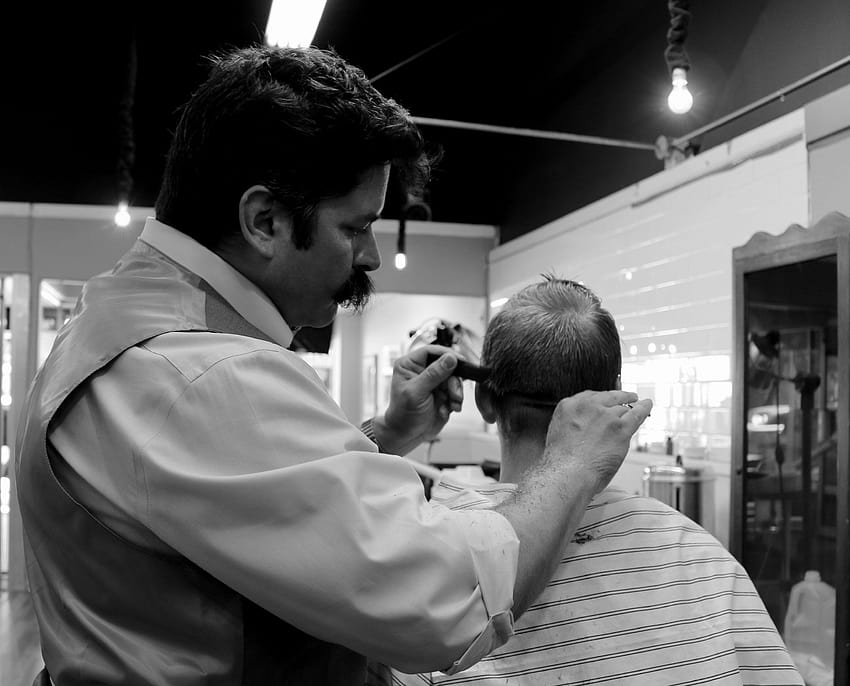 Man cutting hair of boy in grayscale graphy, barber shop HD wallpaper |  Pxfuel