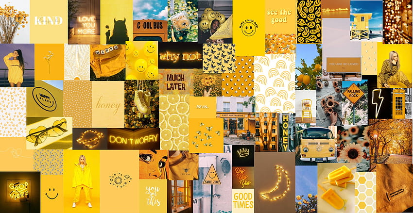 Trendy Yellow Happy Vibes Duvar Kolajı Kiti Dijital, yaz estetiği chromebook HD duvar kağıdı
