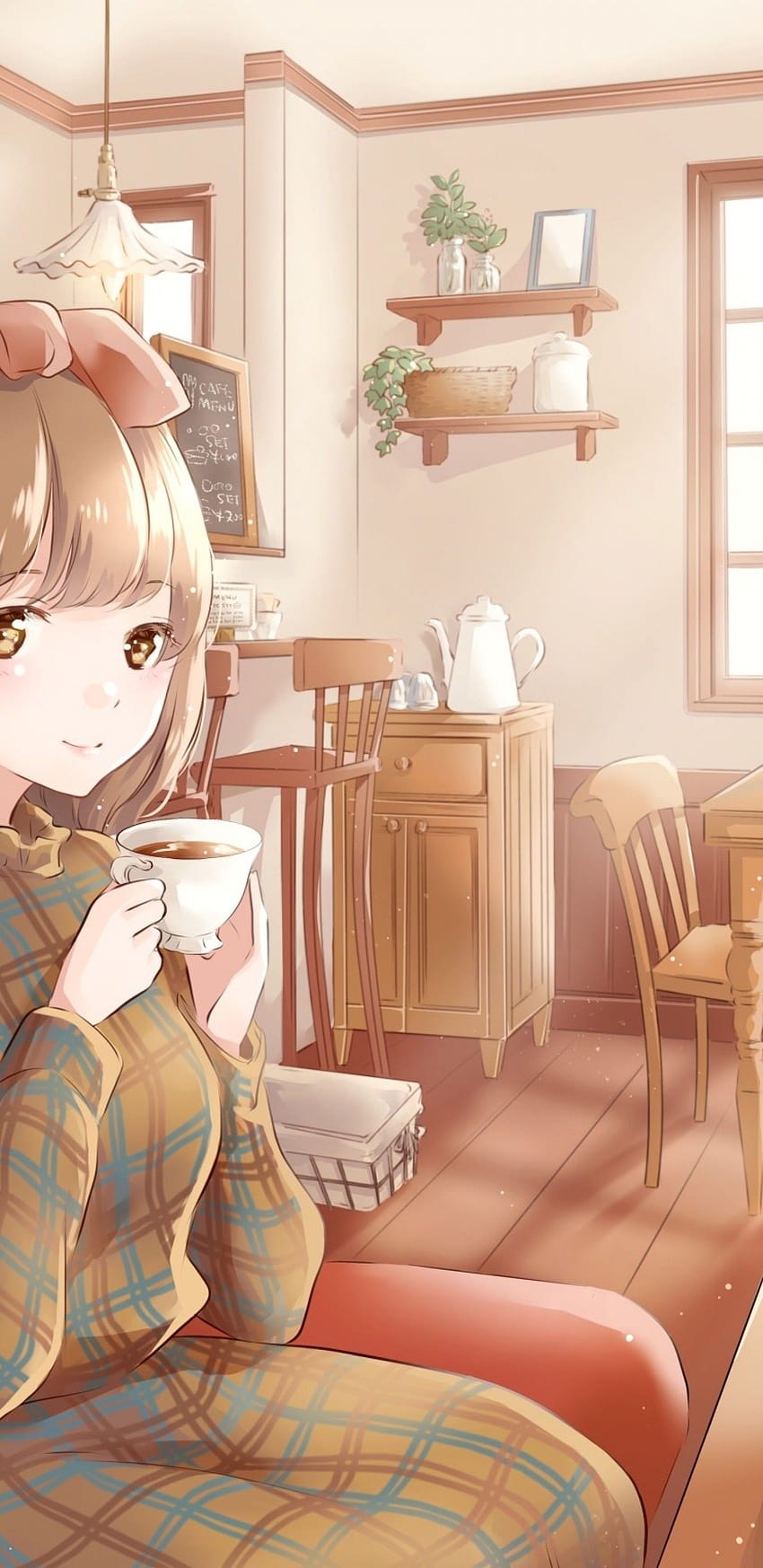 1440x2960 Anime Girl, Cozy Coffee Shop, Drinks, Smiling, anime girl coffee shop HD phone wallpaper