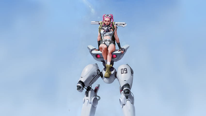 Cyberpunk Robot Dziewczyna z plecionymi różowymi włosami Tapeta HD