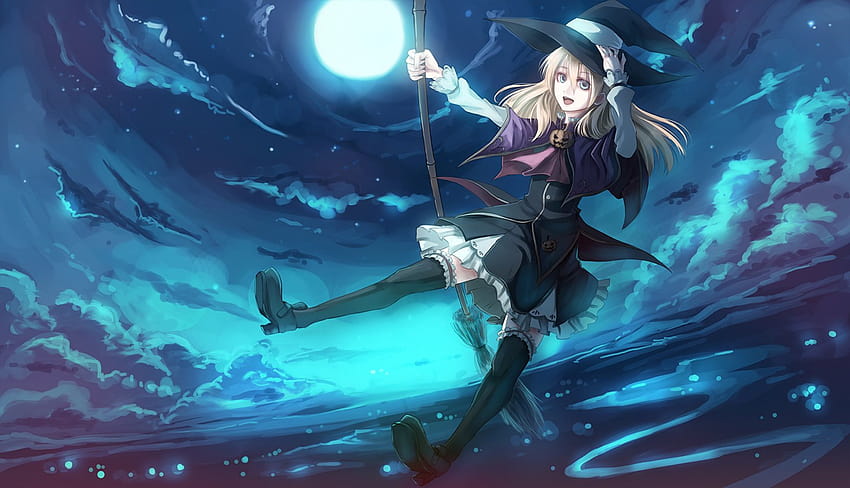 Anime girl Paseri Halloween Scnery Witch Hat Broom, witch girl HD ...