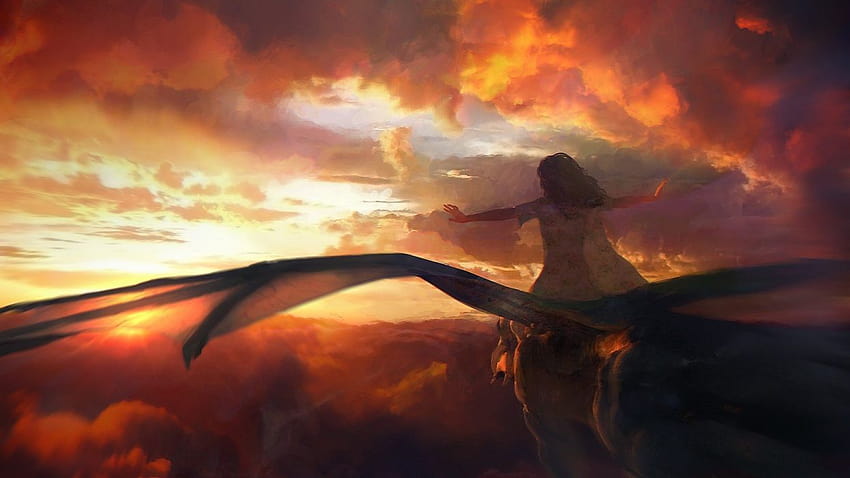 Fantasy art dragon clouds sky flying girl, girls flying HD wallpaper