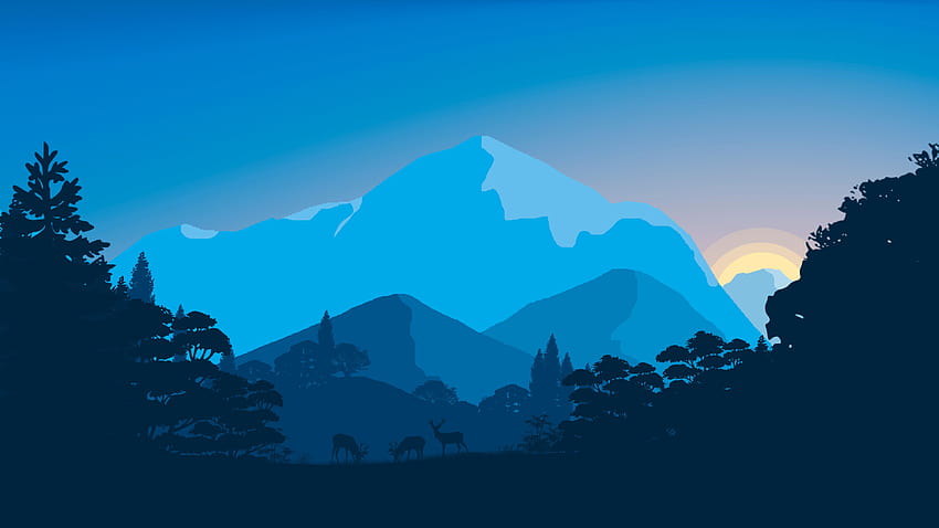Zachód słońca w lesie, niebieski minimalistyczny Tapeta HD
