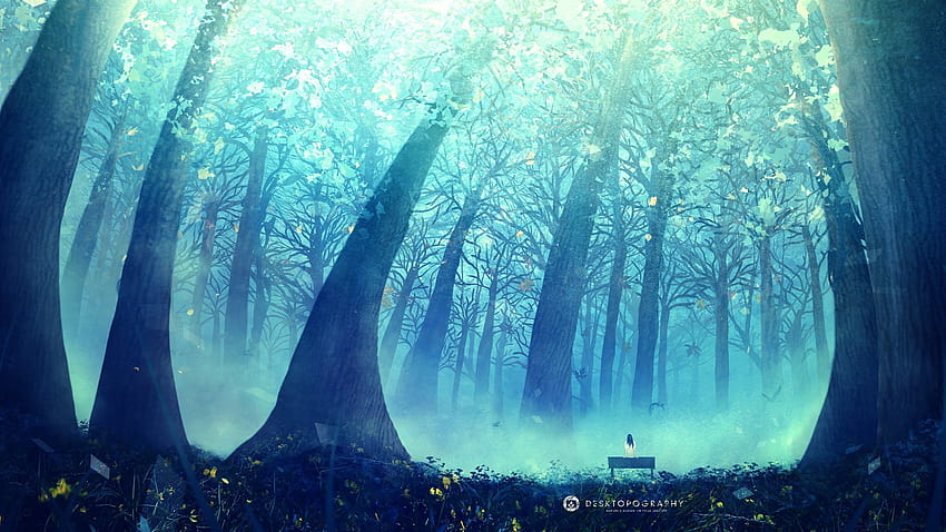 Аниме дърво гора красота пейзаж синя красота само момиче, естетична аниме тропическа гора HD тапет