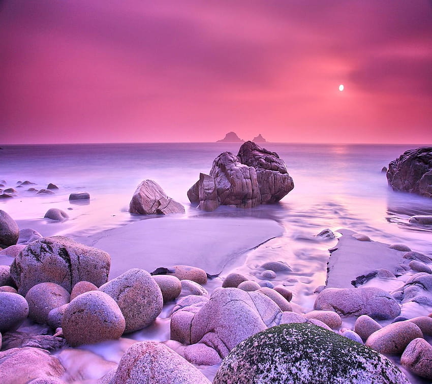 ビーチ: 美しい風景 夕日 砂 海 岩、ピンク色の岩 高画質の壁紙