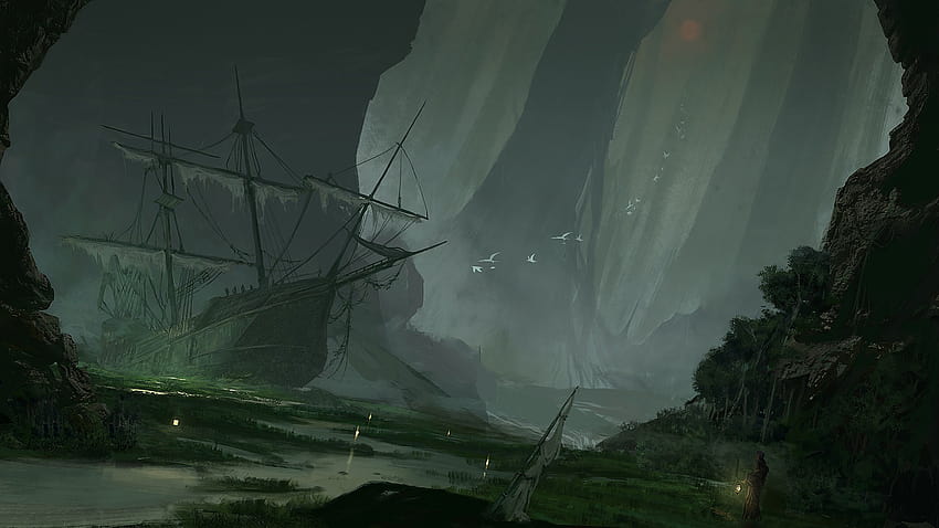 artwork, Fantasy Art, Ship, Sailing Ship, Swamp, Abandoned, Sinking Ships / and Mobile Backgrounds HD wallpaper