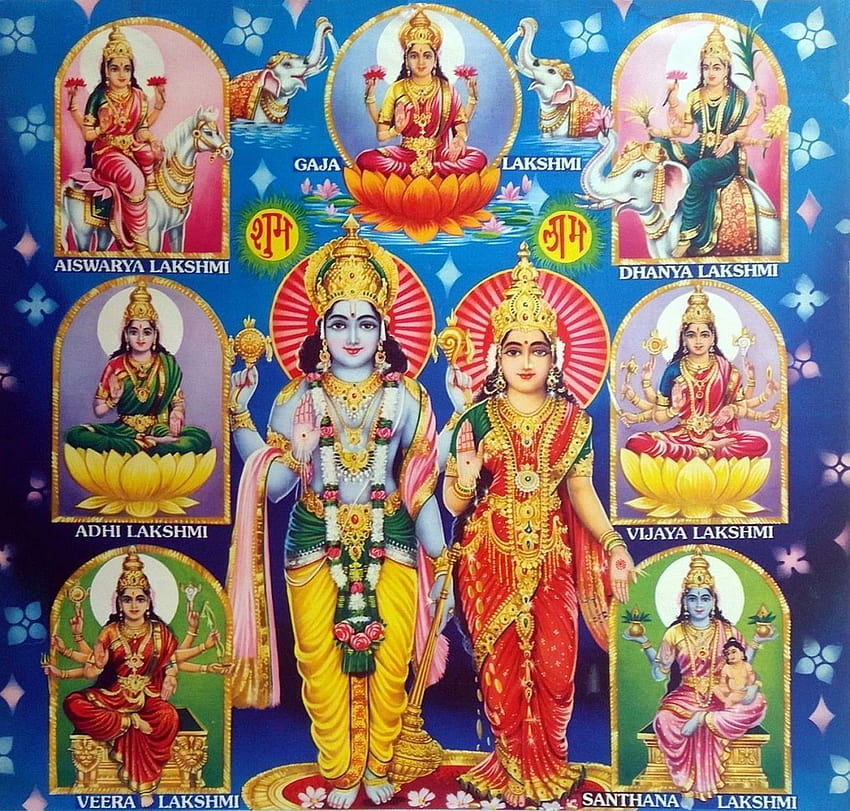 Lord Vishnu and Ashta Lakshmi 1970s Indian print HD wallpaper
