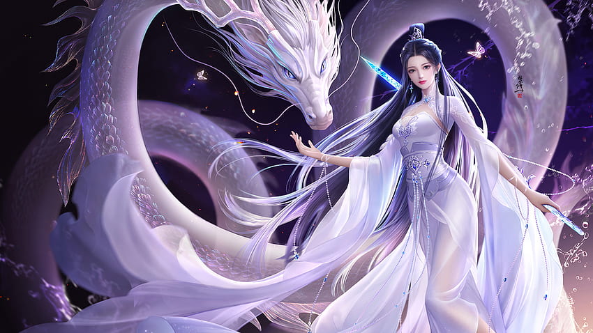 Китайски дракон с дълга коса Ориенталско аниме момиче Аниме момиче HD тапет