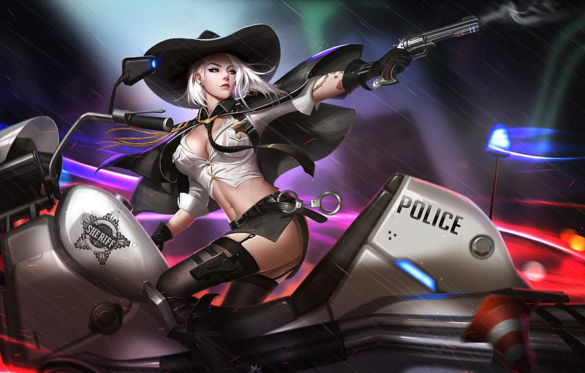Girl, Police, Bike, Motorcycle, Chase, Blizzard, Art, Game, Illustration, Revolver, Ashe, Liang xing, Sheriff, Overwatch, Game Art, by Liang xing , section игры HD wallpaper