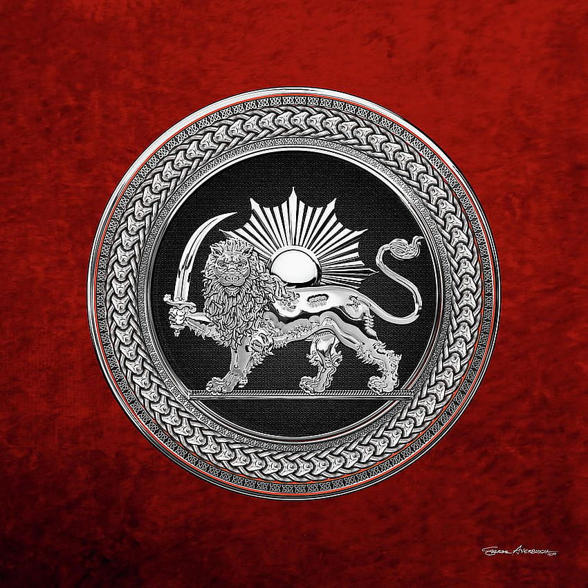 Silver Persian Lion and Sun over Red Velvet Digital Art by Serge Averbukh, lion and sun flags HD phone wallpaper