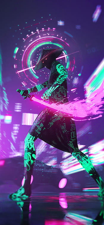 Boy with sword, katana, light, neon, dark, anime, HD phone wallpaper