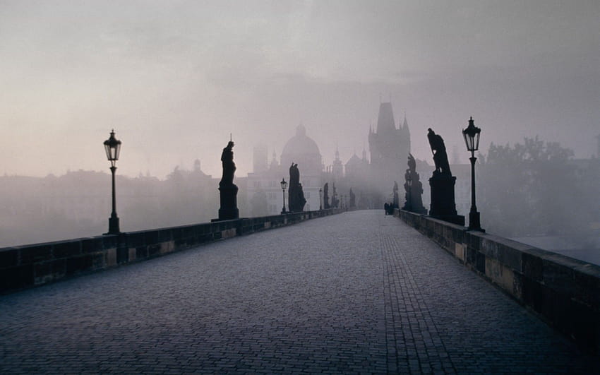 Castles autumn cityscapes fog mist bridges lamps Prague Czech, bridge night fog trees HD wallpaper