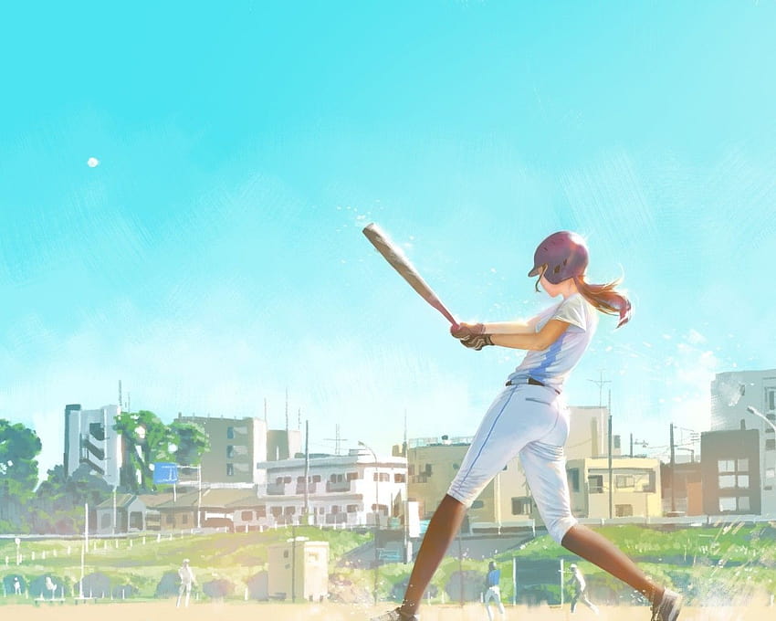 1280x1024 Garota de anime, jogador de beisebol, campo, bastão de beisebol, garota de beisebol papel de parede HD