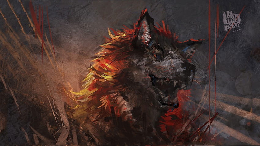Orange und graue Wolfsmalerei, Fantasy-Kunst, Tiere, Säugetiere, Tierthemen • Für Sie, orangefarbener Wolf HD-Hintergrundbild
