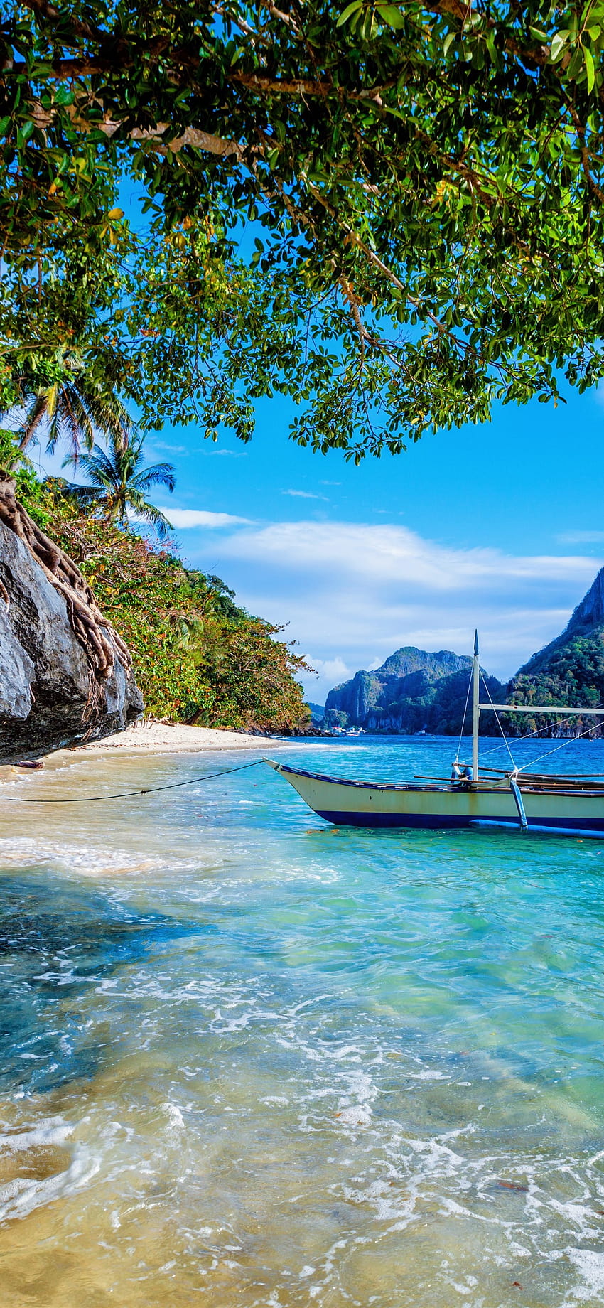 Iphone Filipiny, plaża, morze, łódź, drzewa, estetyka iphone'a Tapeta na telefon HD