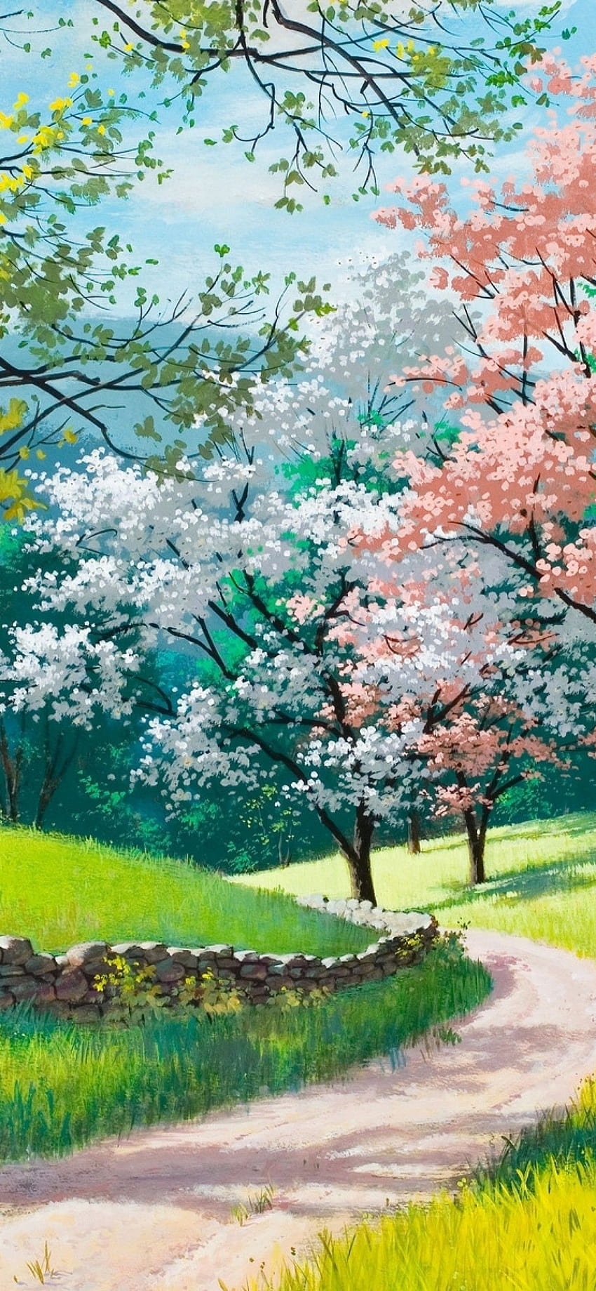 1170x2532 Frühling, Malerei, Bäume, Kirschblüte, Kunstwerk, Weg, Zaun, Steine ​​für iPhone 12 Pro HD-Handy-Hintergrundbild