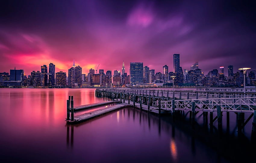 нощ, градът, светлини, повърхност, САЩ, Ню Йорк , раздел город, лилави градски светлини HD тапет