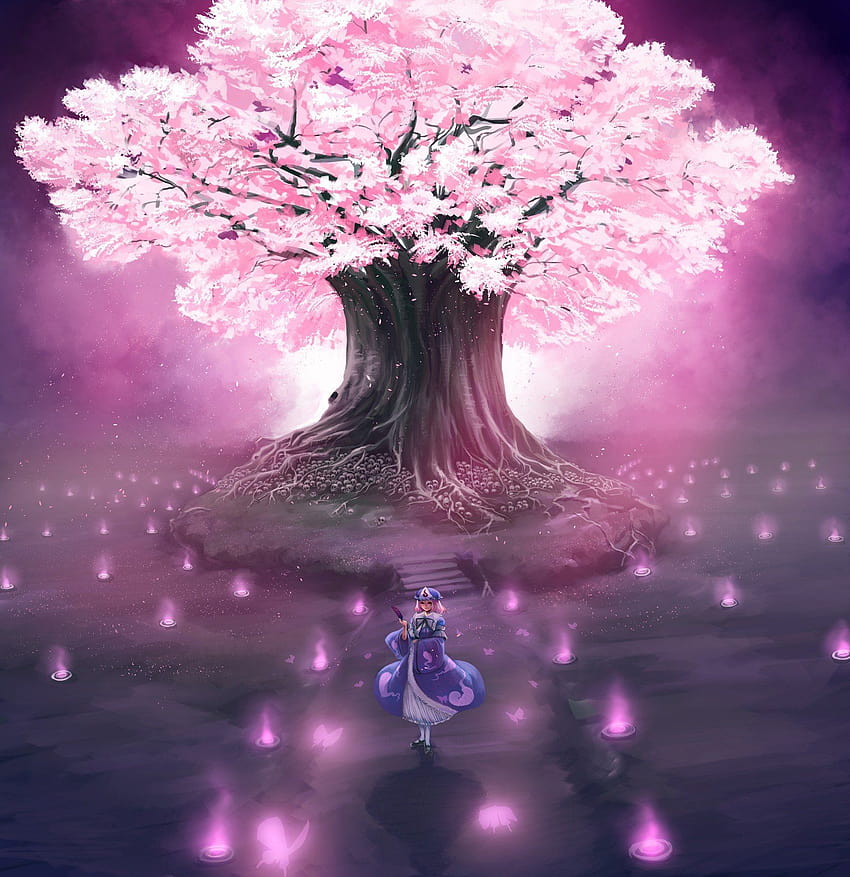 Video games Touhou cherry blossoms trees anime Saigyouji Yuyuko, cherry blossoms in anime HD phone wallpaper