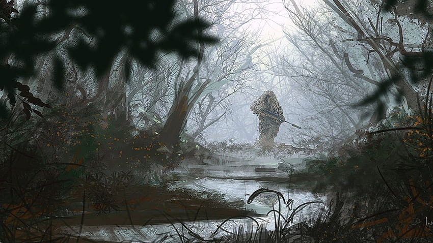 Men's gray ghillie suit, sniper rifle, suppressors, painting HD wallpaper