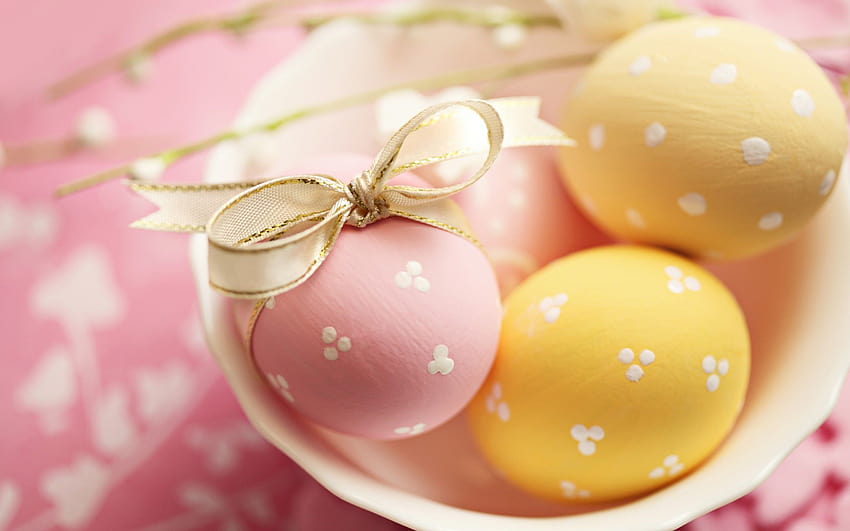 eggs, Easter, Yellow, Pink, Ribbon, Tape, Disc, Holiday, Macro / and Mobile Backgrounds, easter yellow HD wallpaper