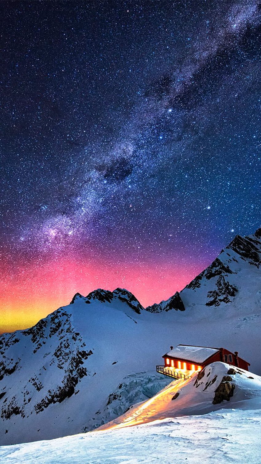 Snow Mountain Chalet Aurora Milky Way ...reddit HD phone wallpaper