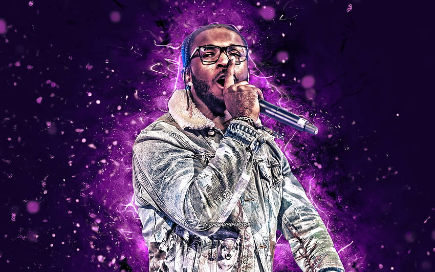 Pop Smoke, 2020, lampu neon ungu, rapper Amerika, bintang musik, Pop Smoke dengan mikrofon, Bashar Barakah Jackson, selebriti Amerika, Pop Smoke dengan resolusi 3840x2400. Kualitas tinggi Wallpaper HD