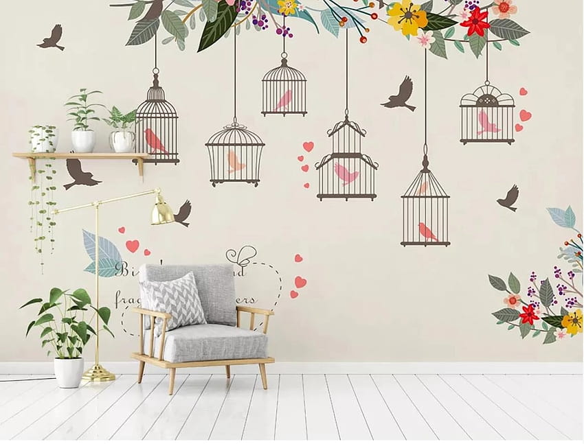 Tangan Dicat Burung Kandang Burung Mural Bunga Dinding Seni Stiker Dinding Cetak Bunga Kertas Dinding Perbaikan Rumah Wallpaper HD