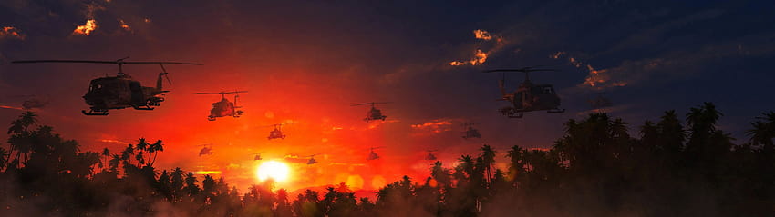 Helicópteros Guerra do Vietnã Amanhecer e pôr do sol 5120x1440 papel de parede HD