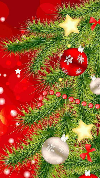 Wallpaper Red and Gold Baubles on Green Christmas Tree Background   Download Free Image