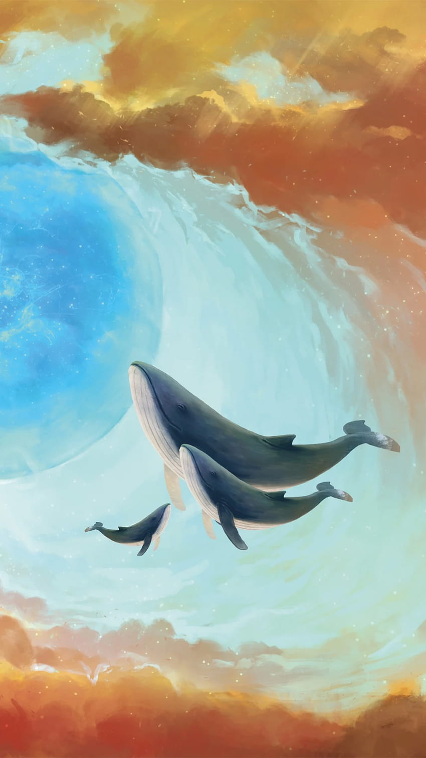 Wieloryby, wieloryby, malowidła ścienne, dzieła sztuki, surrealistyczne, fantasy, sztuka wielorybów Tapeta na telefon HD