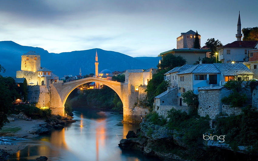 mostar bosnia and herzegovina sky sunset river bridge minaret HD wallpaper