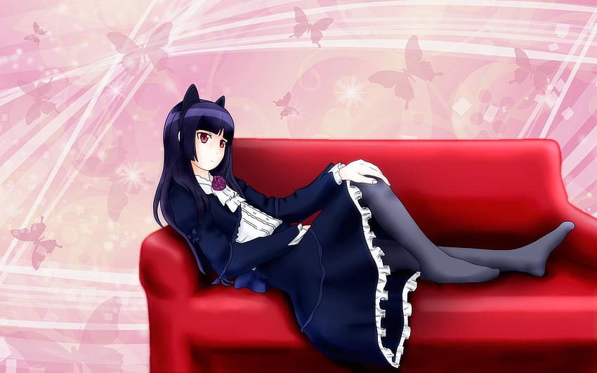 Frau in blau-weißem langem Kleid, Mädchen auf dem Bett, das an Anime denkt HD-Hintergrundbild