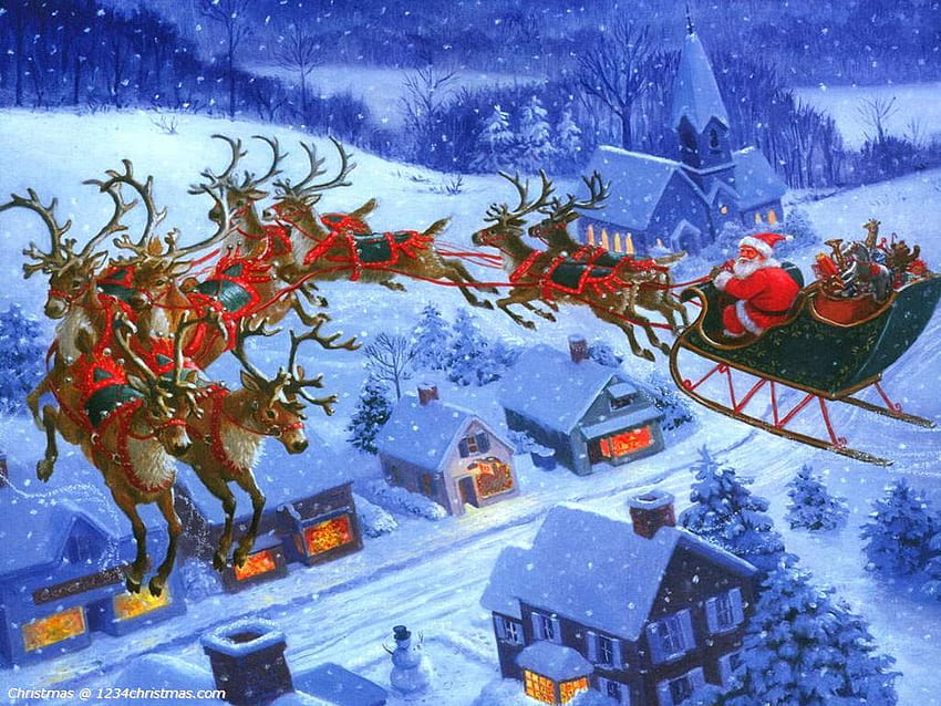 Christmas Santa On Sleigh With And, christmas reindeer and sleigh HD wallpaper